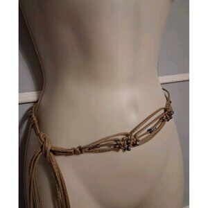 Leather Hippie Tie w/Silver Metal Beads Belt Brown Multi Strings Hobo Festival